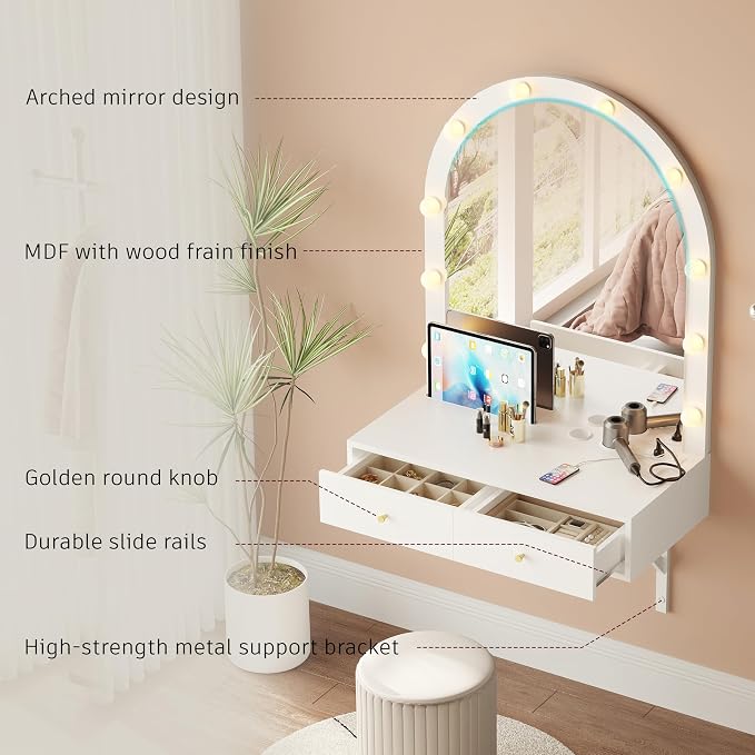 Merax White Floating Vanity Desk Vanity Mirror with Lights, 3 Color Adjustable, 2 Storage Drawers & Charging Station, Wall-Mounted Makeup Vanity Shelf for Bedroom Hairdressers, 31" D x 54" H