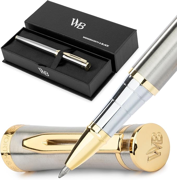 Wordsworth and Black Rollerball Pen - Luxury Pen - 24K Gold Finish, Silver Lacquer, Ink Refill, Refillable Gift for Men & Women, Professional Writing, Nice and Fancy Pens and for Work