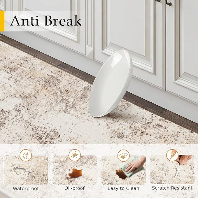 Kitchen Mats for Floor Set of 2 Anti Fatigue Waterproof Kitchen Rug Beige Grey Abstract Cushioned Non-Slip Kitchen Mats Comfort Standing Neutral Mat for Sink Laundry Office 17.3"×59"+17.3"×30"