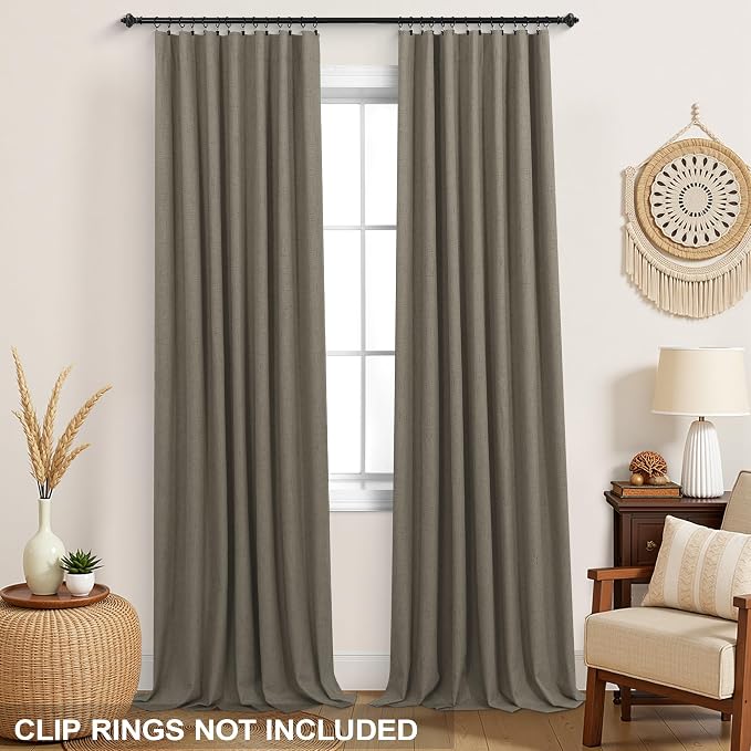 KOUFALL Soundproof Blackout Curtains 90 Inch Long Linen Black Out Noise Reducing Curtains for Bedroom Living Room 52x90 in Length 2 Panels Set,Light Brown Dark Taupe