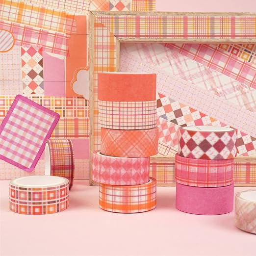 Basic Grid Washi Tape Set 12 Rolls Plaid Decorative Masking Tapes for Arts, DIY Crafts, Journals, Planners, Scrapbook, Wrapping (Pink)