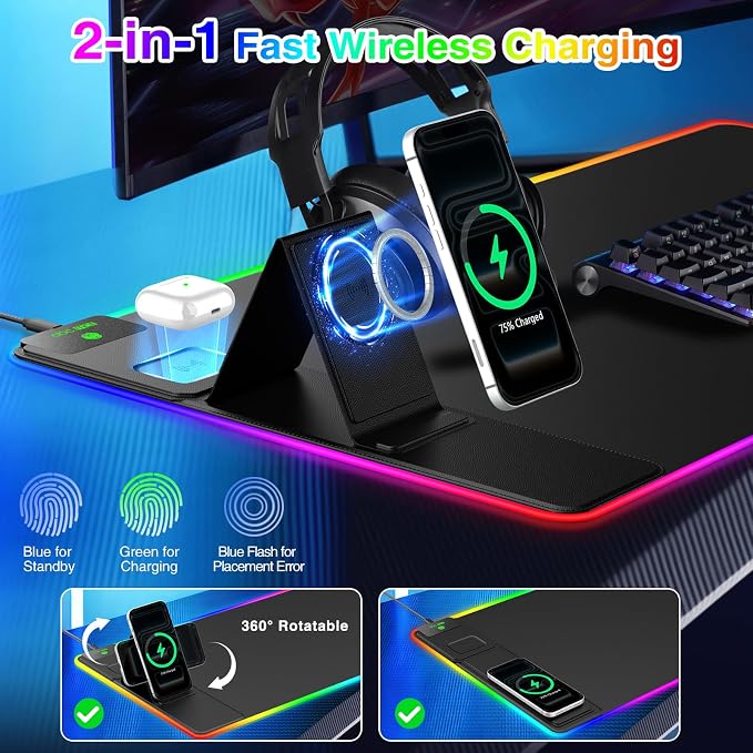 XXL RGB LED Gaming Mouse Pad with Magnetic Wireless Charger & Foldable Phone Holder, 31.5"x15.8" Extended Ultra-Smooth Desk Mat, 25 Lighting Effects, Non-Slip Base
