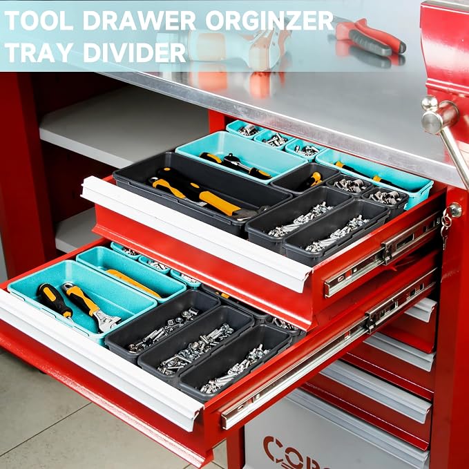 Tool Box Organizer Tray, 60 PCS & 5 Sizes, Black and Sky Blue | Sturdy ABS Plastic, Interlocking System, Craftsman Tool Desk Drawer Organizer for Storing Wrench Screwdrivers Hammer Nails