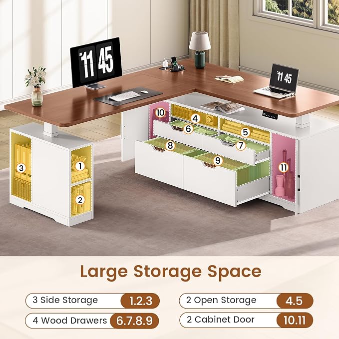 SEDETA Modern L Shaped Electric Standing Desk, 69" x 55" Height Adjustable Office Executive Desk with 4 Drawers and Storage Shelves, Sit Stand Computer Desk with Power Outlet, White + Brown
