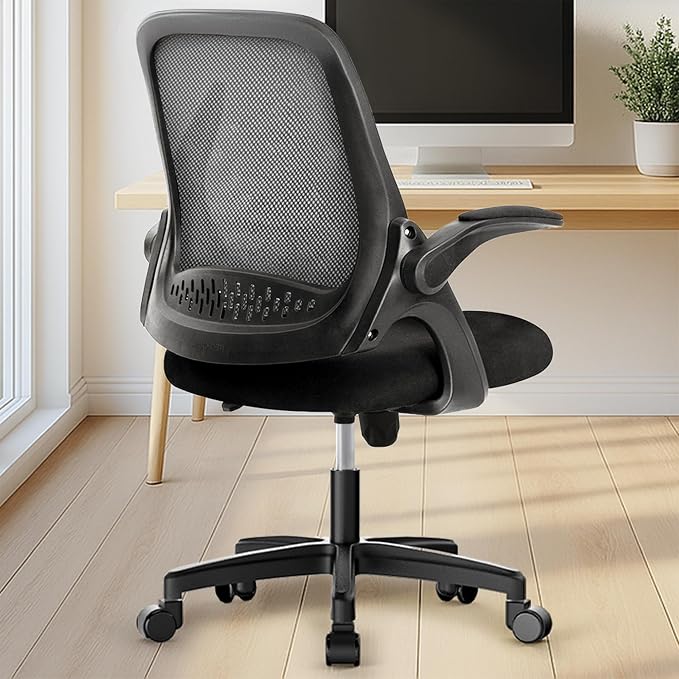 NEO CHAIR Office Desk Chair Computer Gaming Ergonomic Lumbar Back Support with Flip-up Padded Armrest Adjustable Height and Wheels for Home Vanity Bedroom Study (All Black)