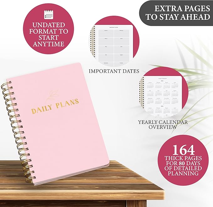 Undated Daily Planner with Hourly Schedule – Minimalist Notebook for Work, Home & Daily Writing | Simple Matte Notes for Goals, Appointments & Productivity, Elegant Cardstock Pages, Pink