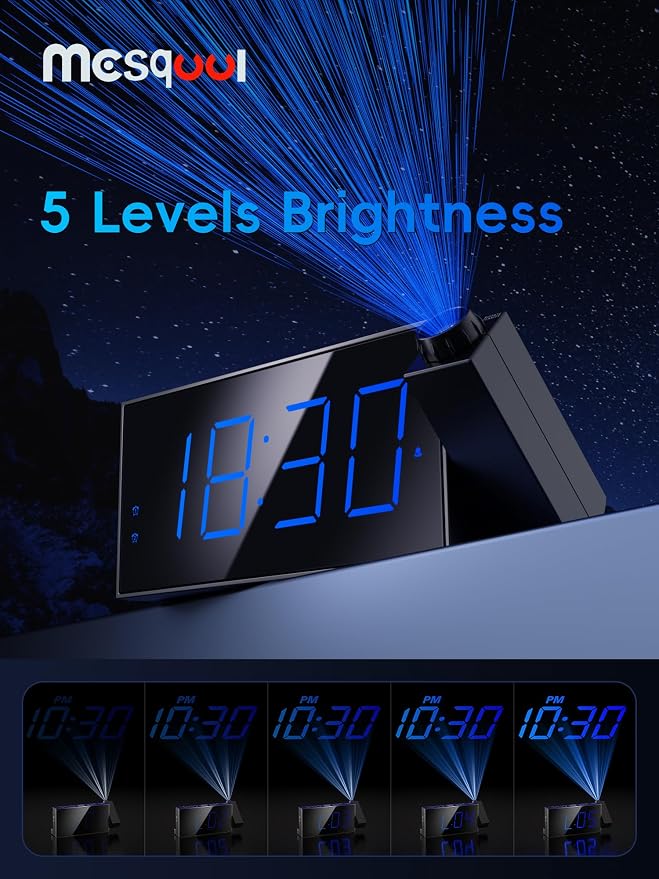 Mesqool Projection Alarm Clock with Loud Bed Shaker, Dual Alarms | 5-level Dimmer, USB charger, Snooze & DST, Loud Vibrating Alarm with Battery Backup, Perfect for Heavy Sleepers