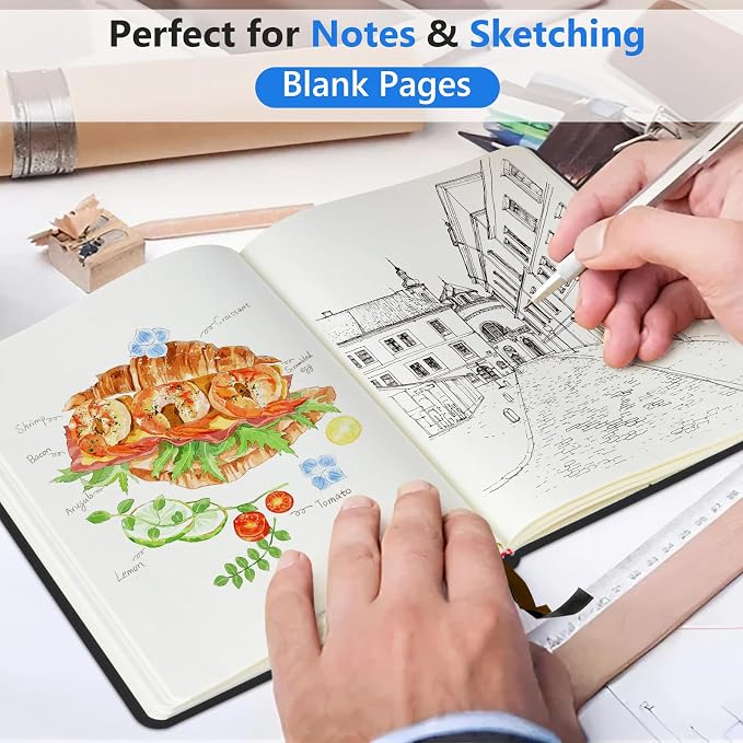 PERCUN Blank Journal Ntebook for Men & Women, 160 Pages Leather Journals for Writing, Drawing Sketch Book,5.9" x 8.5" Hardcover Sketchbook, Unlined Notebooks for Work, School, Art (Black)