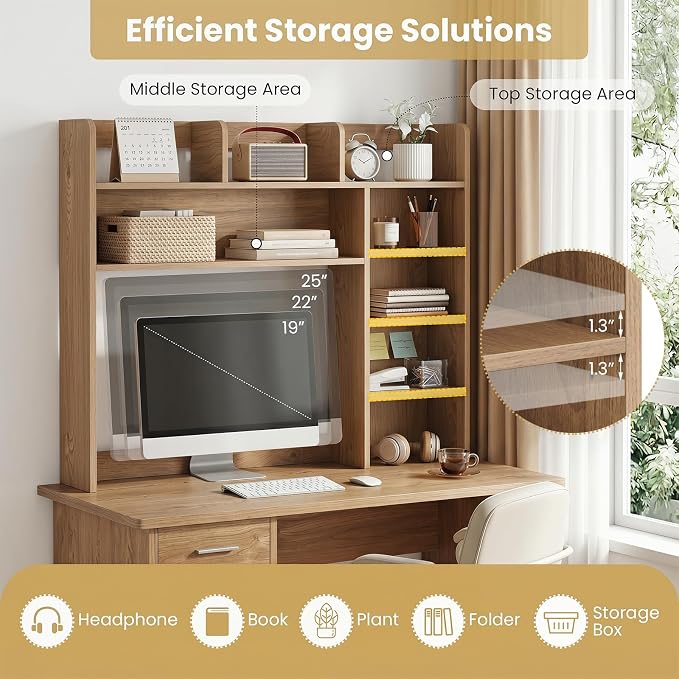 Tangkula Desktop Bookshelf with LED Lights, Desk Hutch with 8 Shelves for Max 25" Monitor, Desktop 5-Tier Display Rack, Multipurpose Wood Desktop Storage Hutch Organizer for Dorm Office Home (Natural)