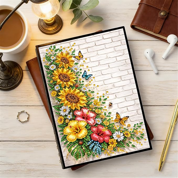 FRANDEK Diamond Art Painting Notebook Kit, Flower Butterfly A5 DIY Journal with 50 Blank Pages, Crystal Rhinestone Cover with Waterproof Canvas, Beginner Craft Set with Full Tools for Adults