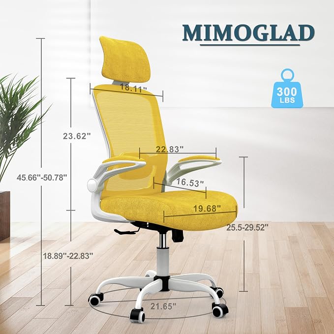 Mimoglad Office Chair, High Back Ergonomic Desk Chair with Adjustable Lumbar Support and Headrest, with flip-up Armrests for Guitar Playing, 5 Years Warranty (Modern, Golden Light)