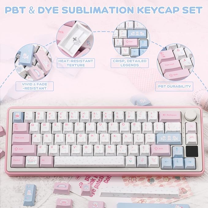 PBT Japanese Keycaps, Pink White Keycap, Floral Prints Custom Keycap Set 145 Full Keys, Cute Keycaps, Cherry Profile Keyboard Key Cap for Cherry Gateron MX Switches Mechanical Keyboard