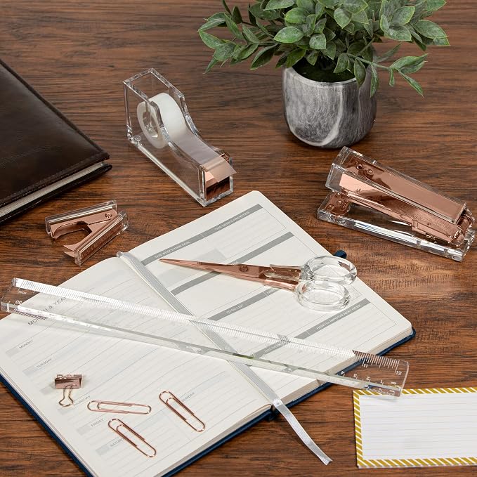 Rose Gold Acrylic Lucite Bundle | Premium Stapler, Tape Dispenser, Scissors, Staple Remover, & Ruler Gift Set | Clear Stationery & Desk Accessories | Modern, High End, Chic, Luxury Office Goods