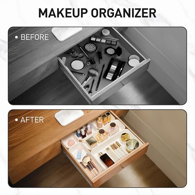 ISSEVE 8Pcs Silicone Drawer Organizer Trays for Bathroom, 4 Sizes, White | Nesting Organizer Trays, For Vanity, Desk, Nightstand, Makeup, Jewelry, Toiletries, and Office Small Items, Drawer Organizer