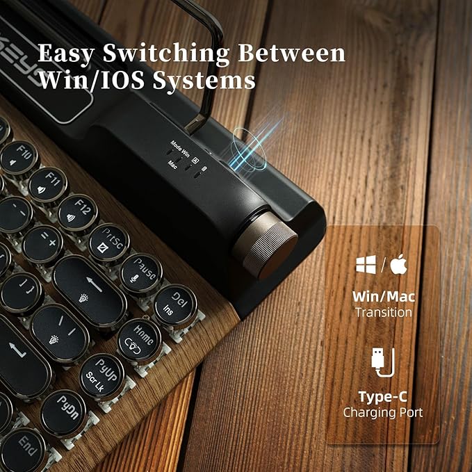 7KEYS Retro Typewriter Mechanical Gaming Keyboard, Vintage Style Computer Keyboard with Wireless Bluetooth5.0/Wired/2.4G, True RGB Backlight, Compatible with PC/Laptop/Tablet/Phone