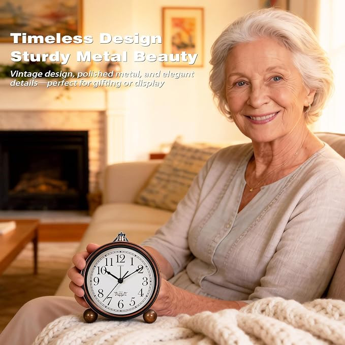 AYRELY® 5.3" Vintage Metal Analog Alarm Clock, Retro Desk and Table Clock | Antique Battery Operated Clock with Light, Elegant Bedside Gift for Bedrooms, Living Rooms, Shellf and Home Decor (Black)