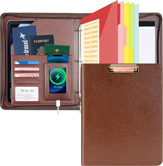 Ospelelf Zippered Padfolio Organizer, Faux Leather 3 Ring Binder with Clipboard, Letter Size Business Portfolio with Notepad, Tablet Sleeve & Phone Pockets for Office Work Brown