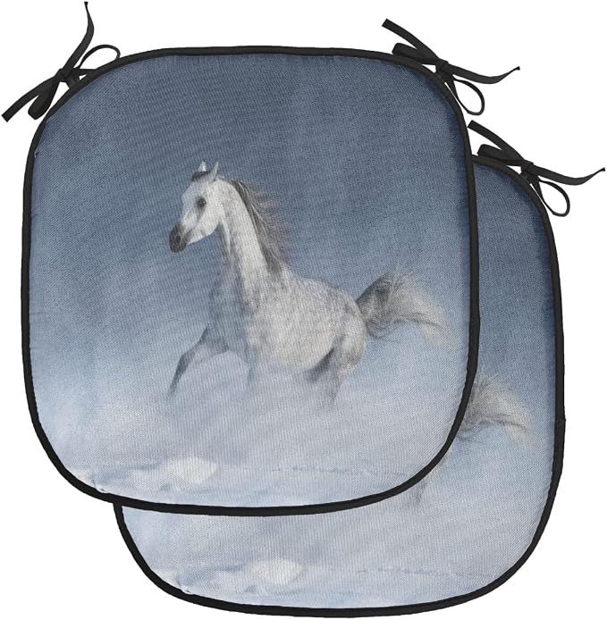 Lunarable Orient Chair Cushion Pads Set of 2, Horse Galloping During a Snowstorm Stallion Winter Snow View Equine Print, Anti-Slip Seat Padding for Kitchen & Patio, 16"x16", Night Blue