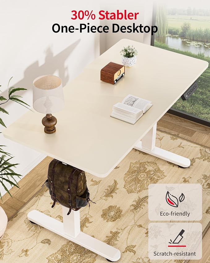 Okin Standing Desk Electric Adjustable Computer Whole Piece Stand up Desk Office Gaming Home Office Memory Desks 48x24 inches Cream Brown