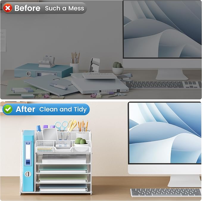 Lavatino Desk Organizer with File Holder, White 5-Tier Adjustable Paper Letter Tray for Office or Home Desk Organizers