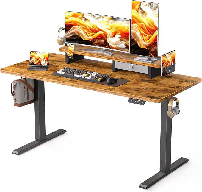 WALKINGDESK 63x24 Inches Electric Standing Desk with Drawer and Monitor Stand, Height Adjustable Sit to Stand up Desk for Home Office, Ergonomic Computer Table with Phone Holder, 3 Hooks, Rustic Brown