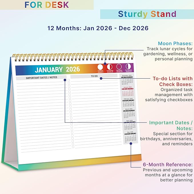 Desk Calendar 2026, Desktop Calendar 2026 Standing flip, 8.5’’ x 11’’, Jan 2026 - Dec 2026, Stand Up Calendar with Memo Pages, Large Ruled Blocks, Holidays, Thick Paper, Great for Home, School, Office