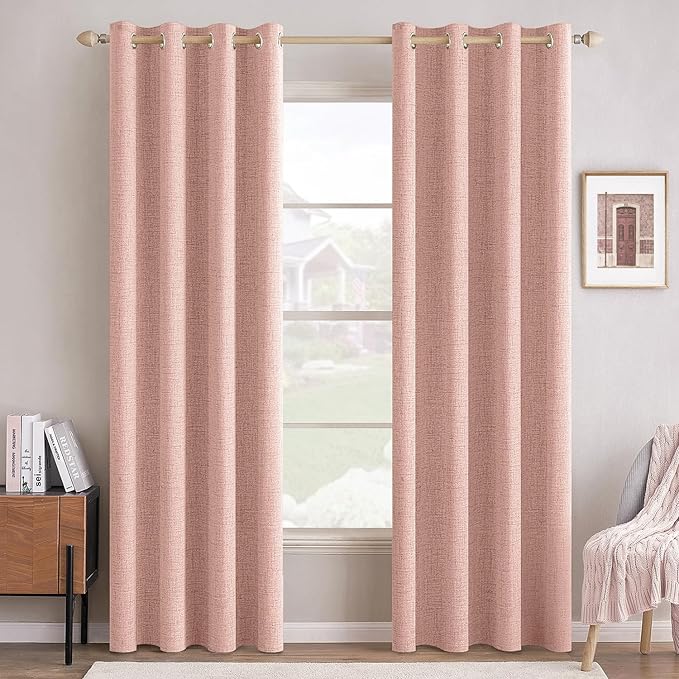 MIULEE Linen Curtains 100% Blackout for Bedroom Thermal Insulated Blush Pink Grommet Room Darkening Curtains & Drapes for Living Room 52 x 72 Inch (2 Panels)