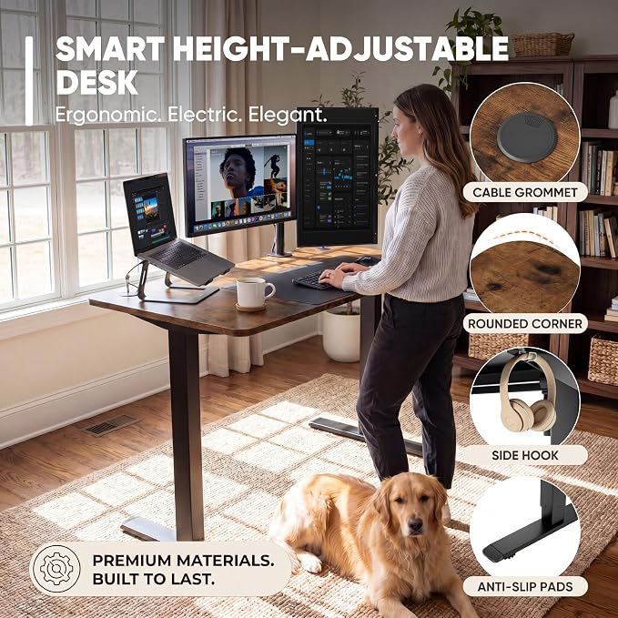 Furmax 48 Inches Electric Height Adjustable Standing Desk Home Office Desk | Large Sit Stand Up Computer Desk Memory Preset with T-Shaped Metal Bracket, Brown