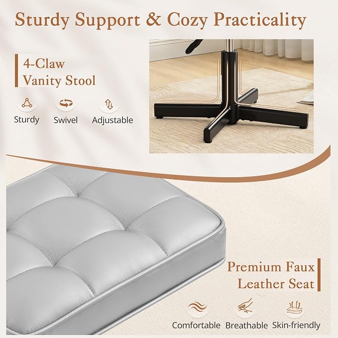 LUE BONA Adjustable Vanity Stool, 15''-19.5'' Foot Rest Under Desk, 360° Swivel Vanity Chair for Makeup Room, Silver Upholstered Faux Leather Ottoman for Bathroom & Living Room, 300lbs