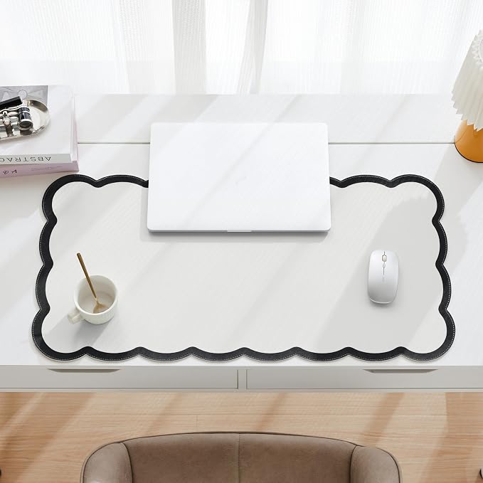 Scalloped Desk Mat, 31.5" x 15.7" Large Cute Aesthetic Desk Accessories, PU Leather Computer Laptop Desk Mouse Keyboard Pad, Desk Writing Mat for Vanity/Work/Home Decor (Black, 31.5" x 15.7")