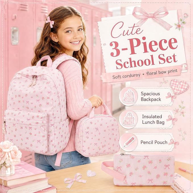 Bluboon School Backpack Set Girls Womens Laptop Bookbag Casual Daypack Fits 15 inch Laptop with Lunch Tote Bag and Pencil Bag