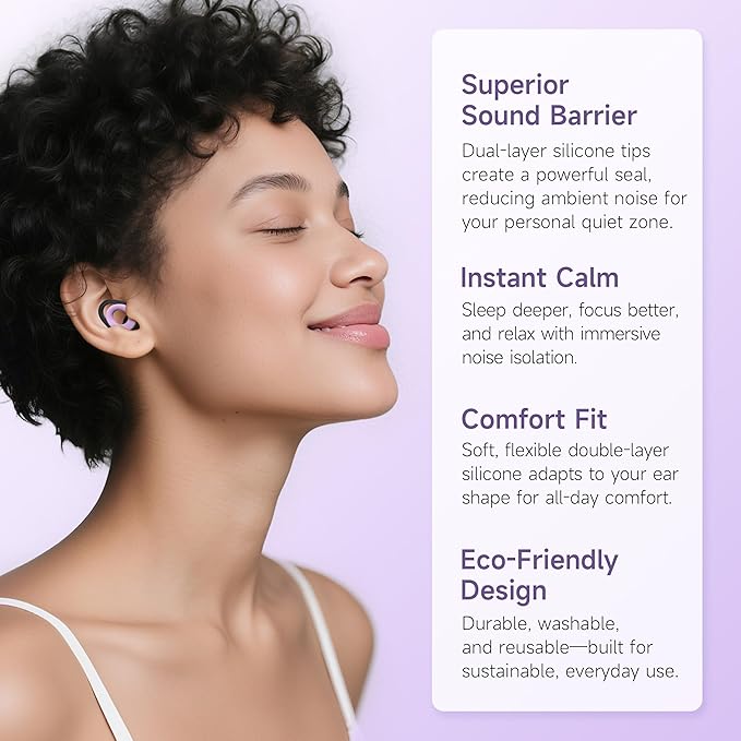 Ear Plugs for Sleeping Noise Cancelling Earbuds, Reusable Silicone Earplugs for Sleeping, High Fidelity with Mute Layer for Snoring Solution for Travel,Focus,45dB Noise Reduction (Black Violet)