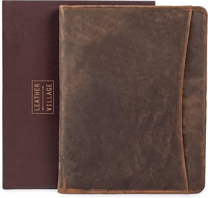 LEATHER VILLAGE Leather Portfolio Organizer - Professional Business Padfolio for Men & Women - Stylish Document Card Holder, Folio for A4/Letter Size Writing Legal Pad, Brown