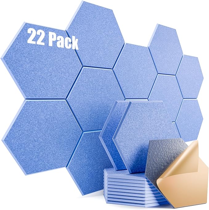 22 Pack Self-adhesive Acoustic Panels 12" X 10" X 0.4" - Sound Proof Foam Panels with High Density, Stylish Hexagonal Design, Flame Resistant, Absorb Noise and Eliminate Echoes(Steel Blue)