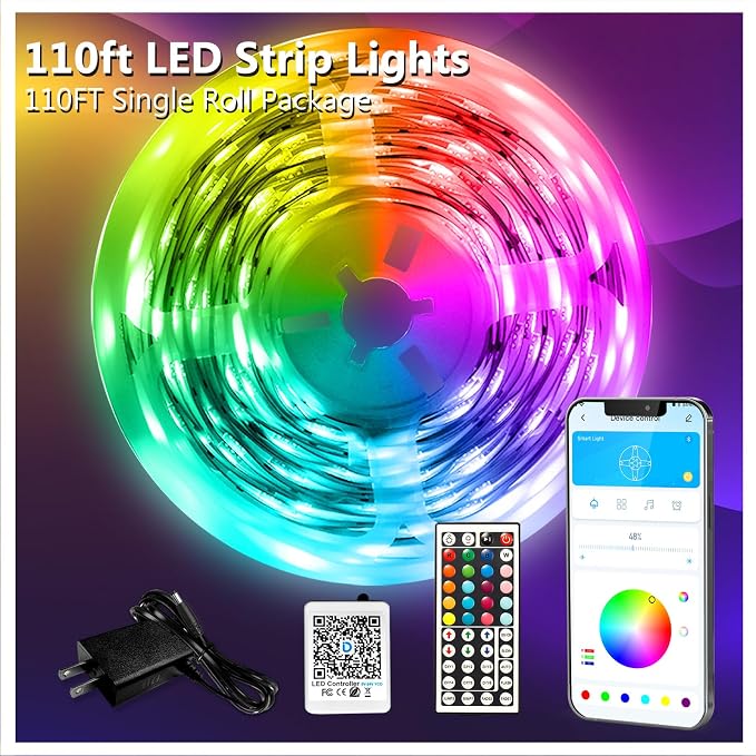DAYBETTER LED Strip Lights 110ft, Smart Lighting Strips with App Remote Control, RGB Music Sync Color Changing Lights for Bedroom Kitchen Party Home Decor Luces led para cuarto (1 Roll)