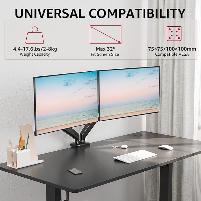 Redragon GMK915 Dual Monitor Mount Stand - Gas Spring Adjustable Arms with VESA 75/100mm, 13-32 Inch Screen Compatibility, C Clamp & Grommet Base, Cable Management, 17.6lbs Load Capacity (Pack of 2)