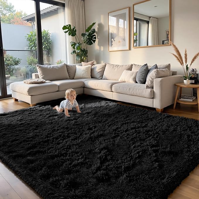yongyangjuxin Fluffy Rug Shag Area Rug, Black 10x14 Area Rugs for Bedroom, Super Soft Shag Rugs for Living Room Bedroom Room Home Decor, Upgrade Anti-Skid Rectangular Fuzzy Rug