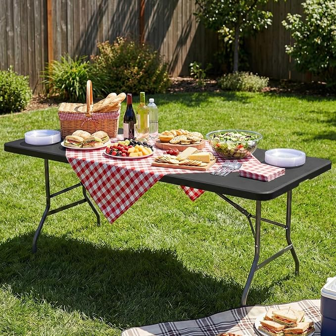 FDW 6FT Plastic Folding Table, Portable with Carrying Handle Perfect for Indoor, Outdoor, Party, Dining, Wedding, Events, Camping, Black