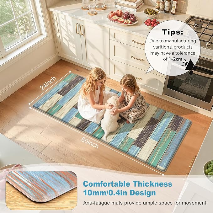LOKHOM Anti Fatigue Kitchen Mats for Floor, 24x59 Non Slip Modern Cushioned Standing Comfort Kitchen Runner Rug, Waterproof Geometric Patchwork Memory Foam Padded for Sink Laundry Office, Teal