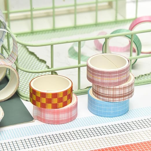 12 Rolls Grid Washi Tape Set Plaid Arts Adhesive Tapes Basic Patterns Decorative Masking Tape Sets for Craft, Kids, Scrapbook, DIY, Gift Wrapping (Style Four)