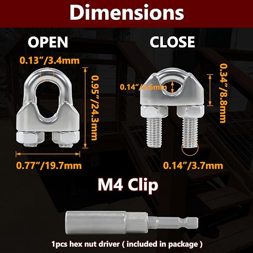 16PCS M4 3/16-1/8 Inches Stainless Steel Wire Rope Clips Cable Clamps | Corrosion resistant stainless steel,easy to install with 1 nut driver