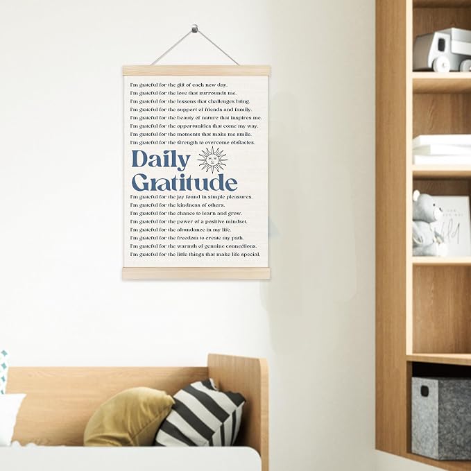 Welshower Vintage Daily Gratitude Positive Affirmations Poster Hanger Frame, Retro Motivational Wall Art Prints Decor for Home Bedroom Dorm Office Yoga Studio Framed, 12x16 Inch（blue）