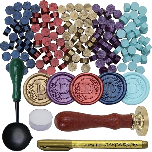 Initial Alphabet D Wax Seal Stamp Set, Retro Letter Sealing Stamp with 150Pcs Sealing Wax Beads in 5 Color, Melt Non Slip Spoon Pen Kit for Wedding and Christmas (D)