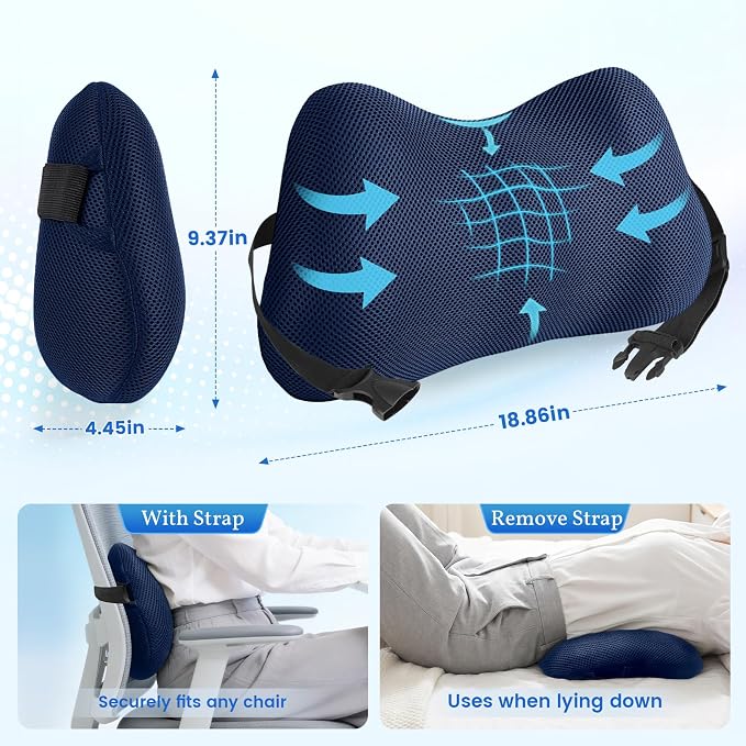 Lumbar Support Pillow for Office Chair, Memory Foam Lower Back Support, Ergonomic Lumbar Pillow with Adjustable Strap, Breathable Cover (Blue)