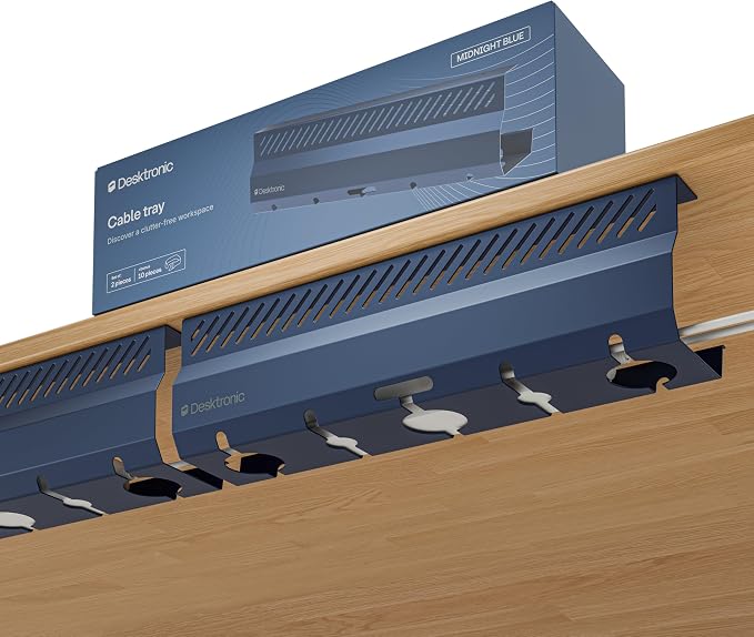 Desktronic Cable Duct Desk Blue Set of 2 - Stainless Steel Cable Management Desk Cable Duct with 5 Cable Cut-Outs - Easy to Install Cable Organiser - Cable Holder