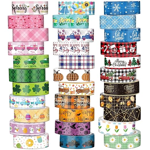 TaoBary 33 Rolls Washi Tape Set, 15 mm Holiday Washi Tape Set Seasonal Plaid Bohemian Colorful Vintage Cute for Card Wrapping Craft(Cute Style)