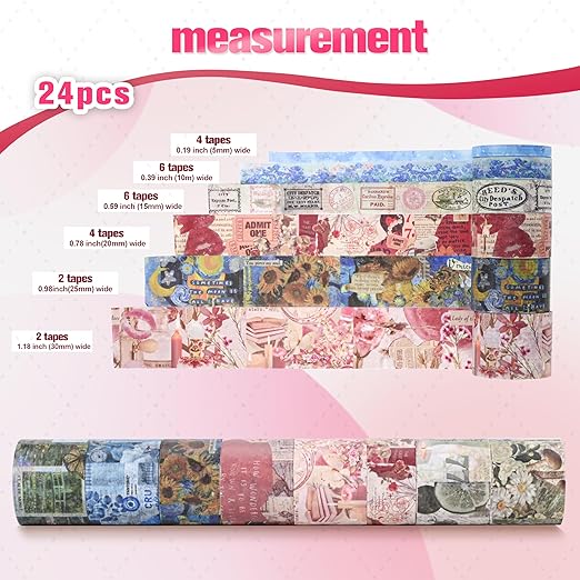 24 Rolls Vintage Washi Tape Set, Floral Decorative Masking Tape for Scrapbooking Supplies,Junk Journal,DIY Art Crafts,Planners and Gift Wrapping(Retro Medieval Series)