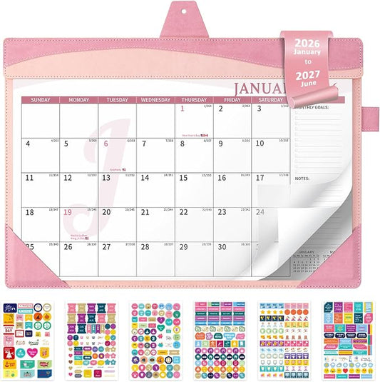 Ospelelf Desk Calendar 2026-2027 with Storage Pocket Protective Cover Large 12"x17" Leather Monthly Wall Planner Pad 18 Months January 2026 - June 2027 Pink