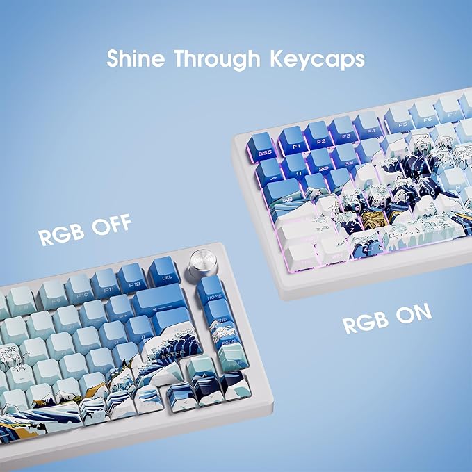 XVX Shine Through Keycaps, Side Print PBT Keycaps 75 Percent Dye Sub, 131 Keys Cherry Profile Custom Keycap 60 Percent, Wave of Kanagawa Double Shot Keyboard Keycap for Mechanical Keyboards