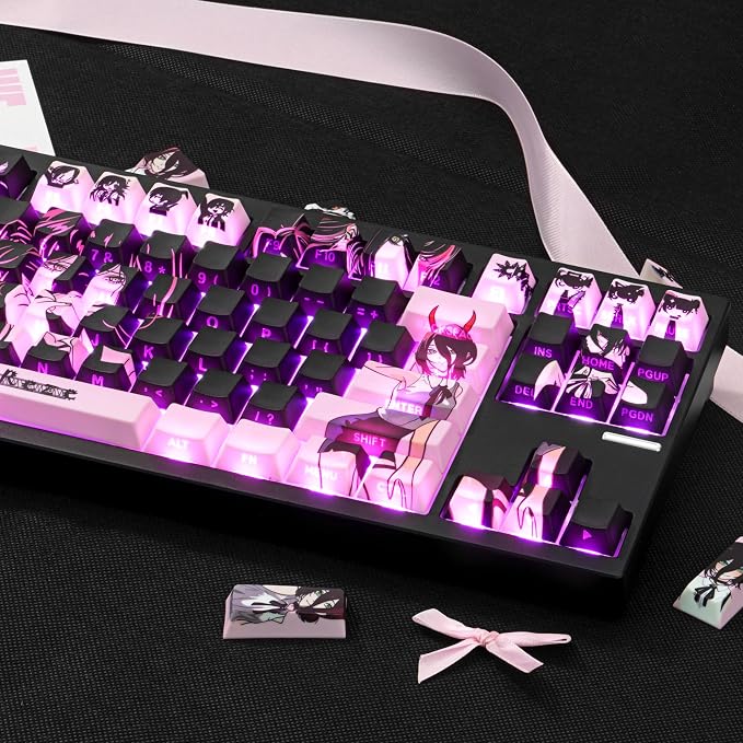 Purple Black Manga Japanese Theme Keycaps, PBT Keycaps 130 Keys Cherry Profile Dye - Sublimation Keycap Shine Through Custom Key Cap Set for Cherry Gateron MX Switches Mechanical Keyboard.